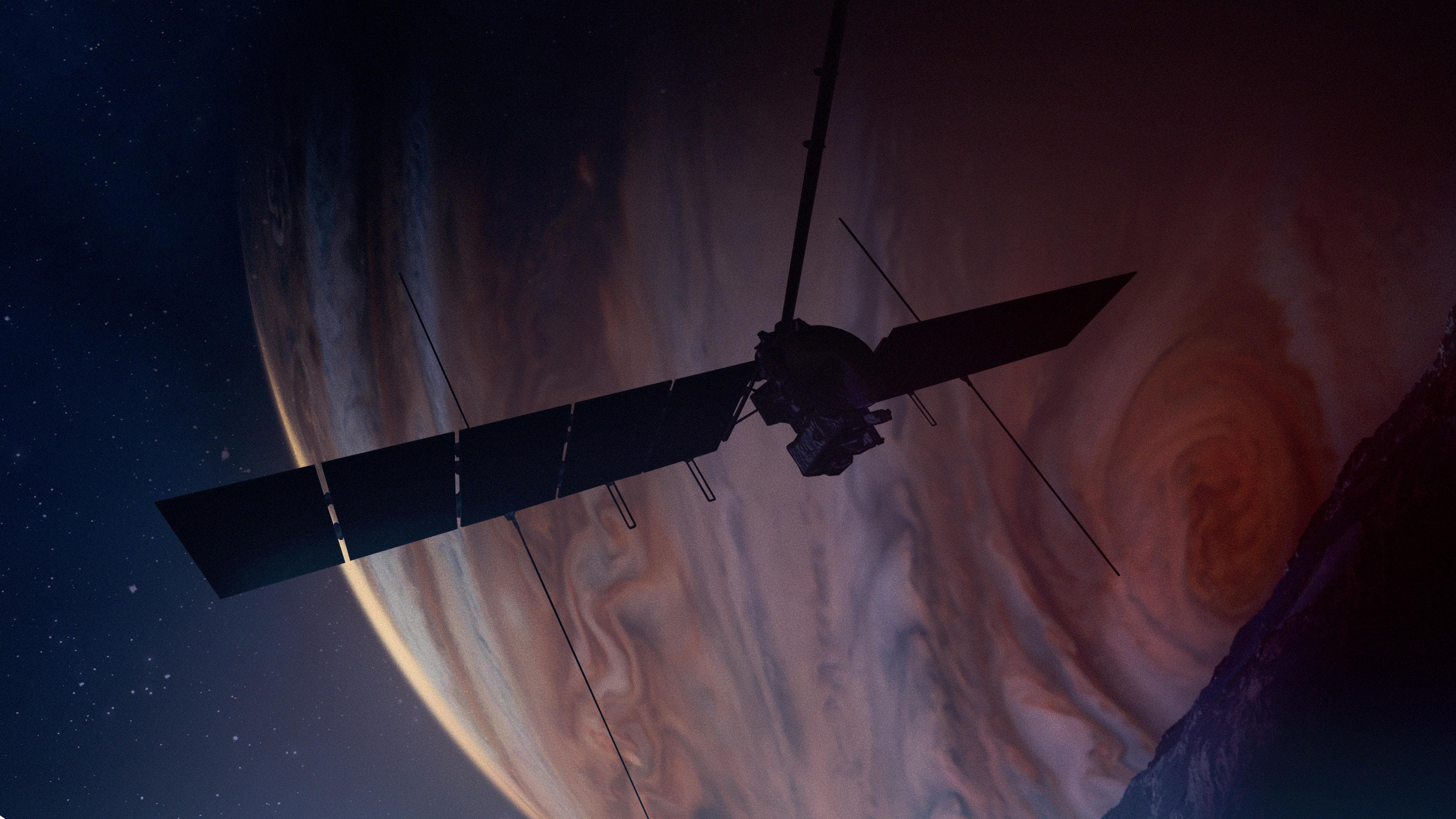 Artist concept of Europa Clipper passing near Jupiter and Europa.